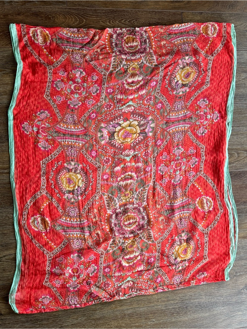 Oilily Red Floral Infinity Scarf with Mint Trim